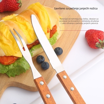 Set noževa i vilica za vanjsko roštiljanje s drvenim ručkama i nehrđajućim oštricama — uključuje nož za meso, nož za steak i roštiljske vilice, u modernom minimalističkom stilu