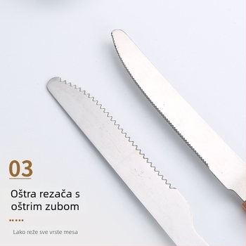 Set noževa i vilica za vanjsko roštiljanje s drvenim ručkama i nehrđajućim oštricama — uključuje nož za meso, nož za steak i roštiljske vilice, u modernom minimalističkom stilu