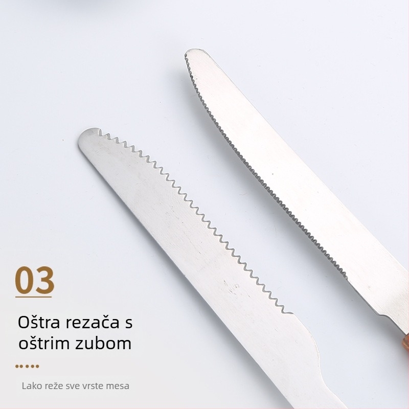 Set noževa i vilica za vanjsko roštiljanje s drvenim ručkama i nehrđajućim oštricama — uključuje nož za meso, nož za steak i roštiljske vilice, u modernom minimalističkom stilu