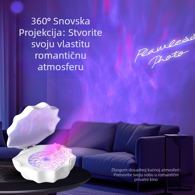 Bluetooth zvučnik s lampom u obliku školjke, bas, 3W, 100Hz–20kHz, SNR ≥85 dB, baterija 1200–2000 mAh, projekcija boje svjetla