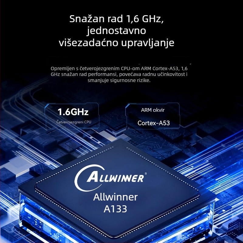 Android matična ploča Allwinner A133 četverojezgreni 1,8 GHz, 1GB RAM + 8GB flash, napajanje 12V 2A, USB: 2x host (OTG opcionalno) + 3 USB priključka, TTL 3.3V serijski, za reklamne uređaje i digitalni natpis