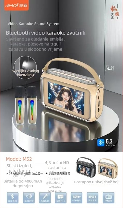 Xiaoxin M52 Prenosivi Bluetooth video zvučnik s 4,3-inčnim zaslonom, karaoke i video player