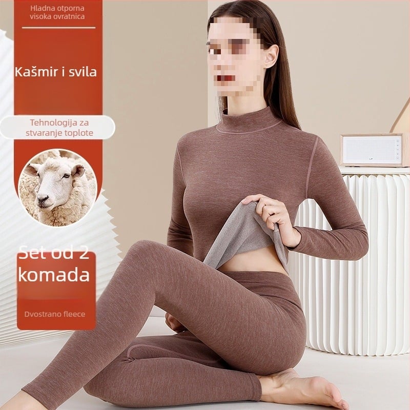 Ženski vuneni termo komplet - visok ovratnik, dugi rukavi, jednobojni uzorak, vunena tkanina, japansko-korejski ležerni stil