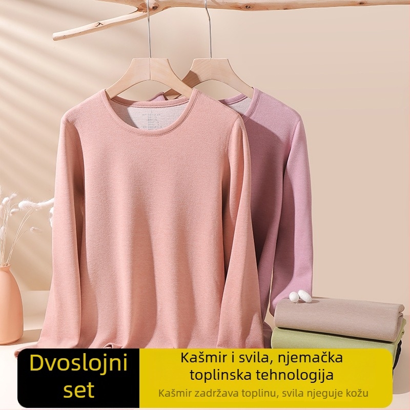 Ženski vuneni termo komplet - visok ovratnik, dugi rukavi, jednobojni uzorak, vunena tkanina, japansko-korejski ležerni stil