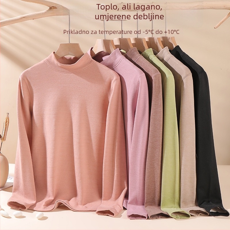 Ženski vuneni termo komplet - visok ovratnik, dugi rukavi, jednobojni uzorak, vunena tkanina, japansko-korejski ležerni stil