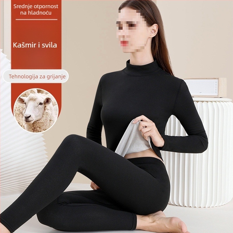 Ženski vuneni termo komplet - visok ovratnik, dugi rukavi, jednobojni uzorak, vunena tkanina, japansko-korejski ležerni stil