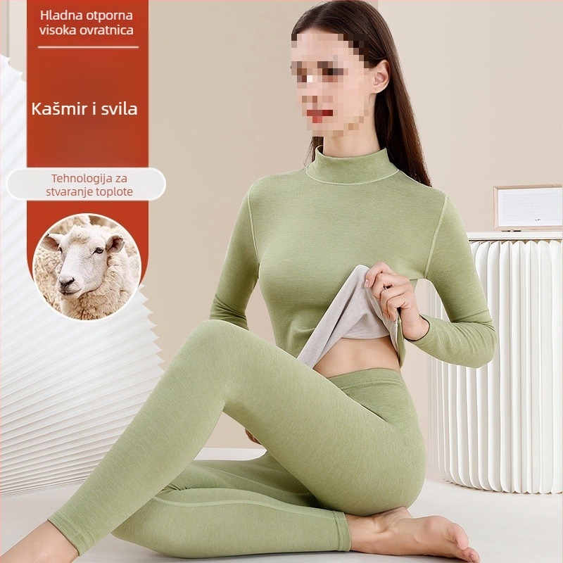 Ženski vuneni termo komplet - visok ovratnik, dugi rukavi, jednobojni uzorak, vunena tkanina, japansko-korejski ležerni stil