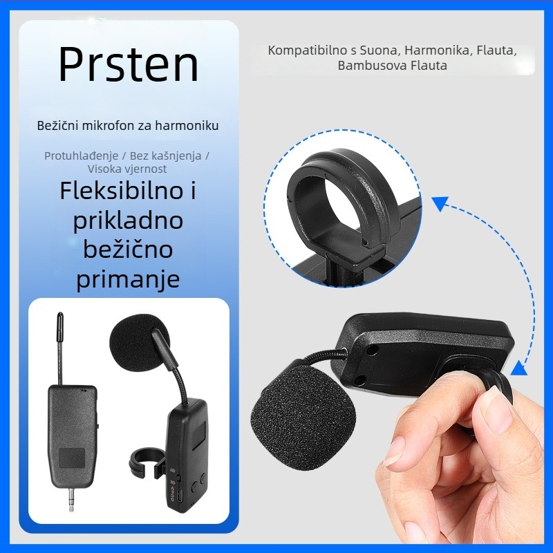 Instrumentalni pickup mikrofon za glazbene instrumente – ugrađena baterija 300–500 mAh; frekvencijski raspon 100 Hz–20 kHz; SNR ≥70 dB; trajanje baterije >12 h; napajanje 5 V