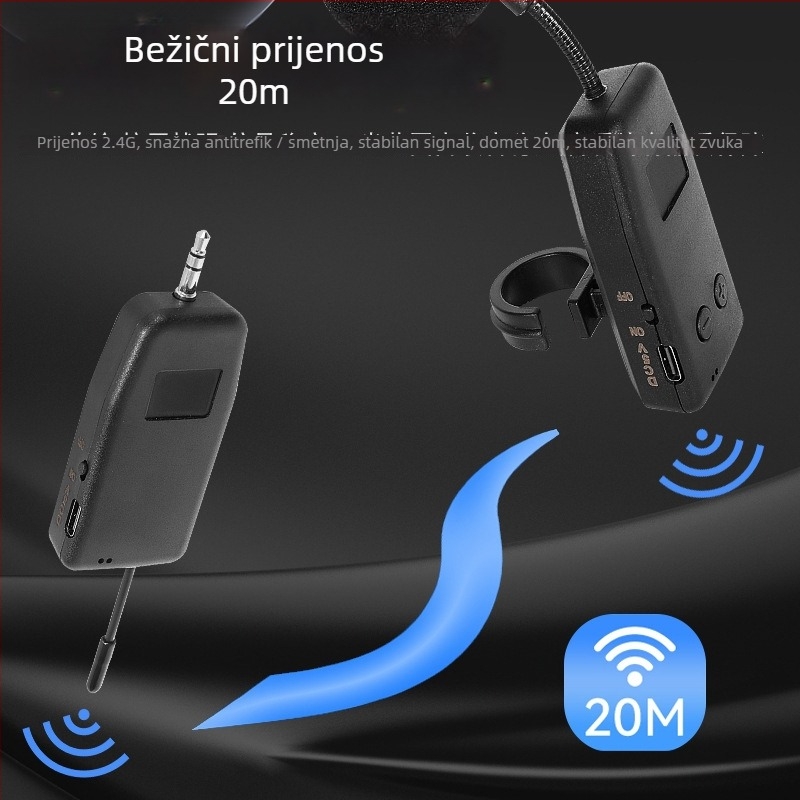 Instrumentalni pickup mikrofon za glazbene instrumente – ugrađena baterija 300–500 mAh; frekvencijski raspon 100 Hz–20 kHz; SNR ≥70 dB; trajanje baterije >12 h; napajanje 5 V