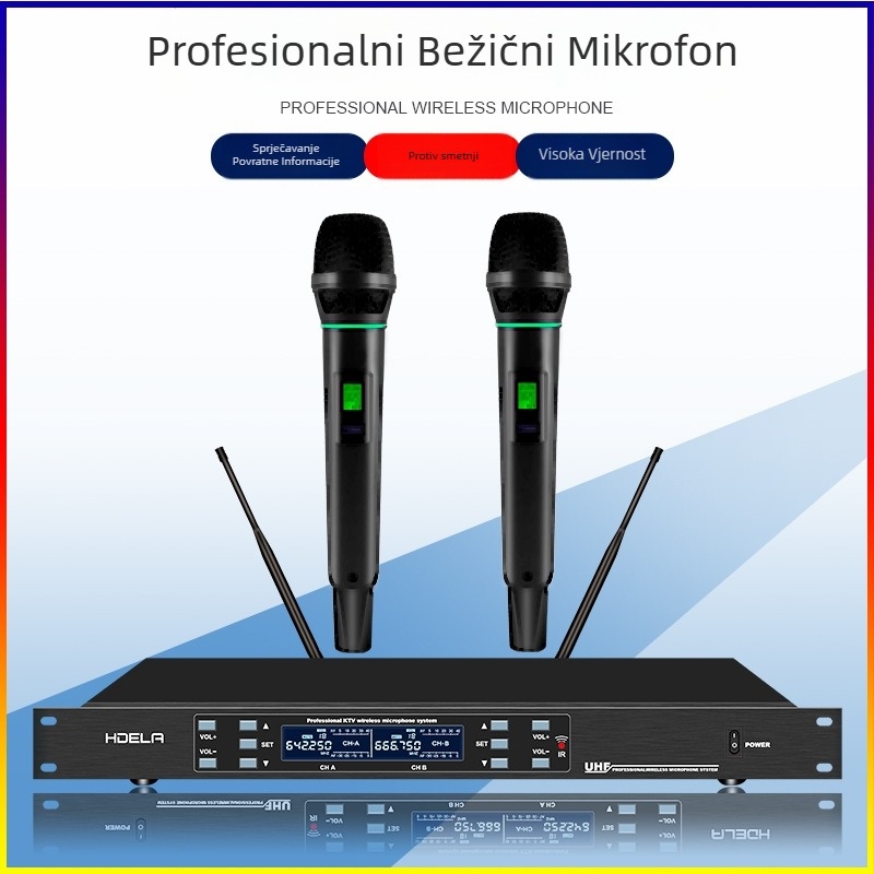 Profesionalni dinamički ručni mikrofon za karaoke, kućni KTV i pozornicu, žični, zamjenjiva baterija 2000–4000 mAh, frekvencijski raspon 40 Hz–20 kHz, SNR ≥95 dB, radni vijek 6–8 h.