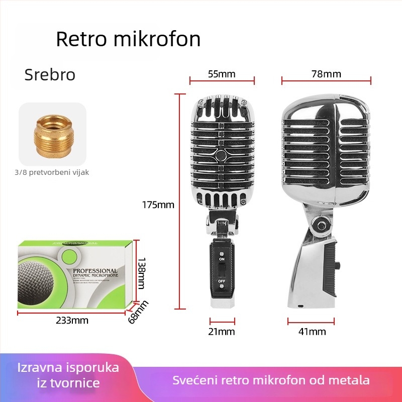 Dinamički mikrofon za scenu s bežičnim prijenosom, frekvencijski raspon 20 Hz–20 kHz, SNR ≥75 dB, pokretna zavojnica, model S02