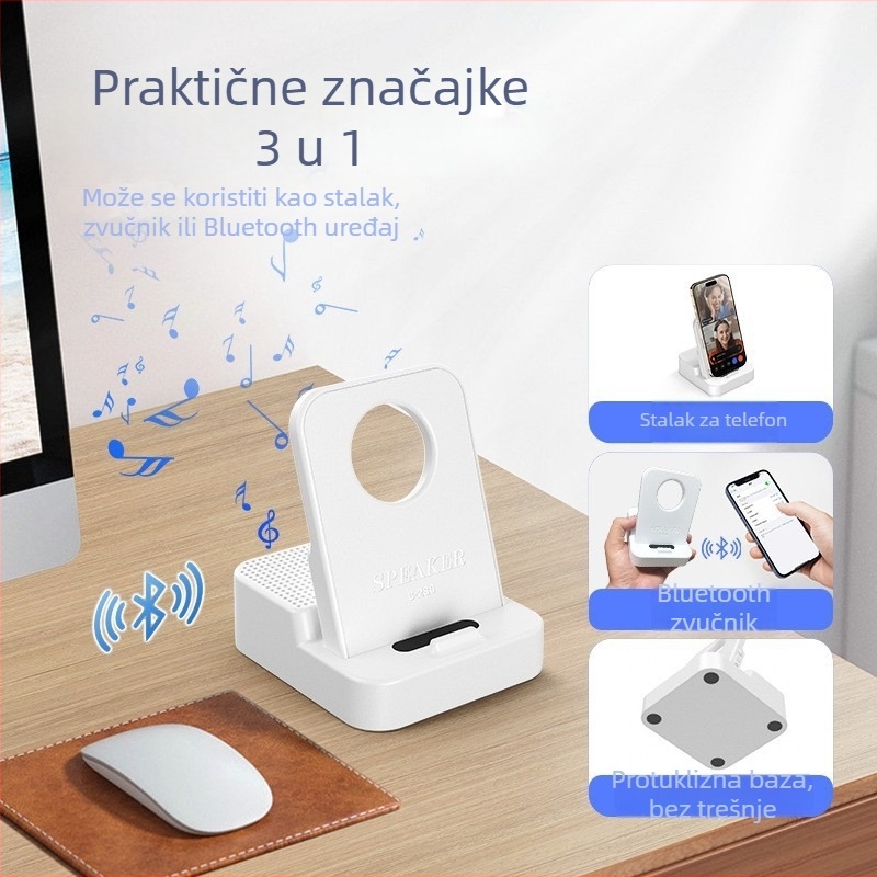 Bluetooth prijenosni zvučnik s držačem za telefon, 3-u-1 stolni i prijenosni, 5W, Bluetooth 5.3, frekvencijski raspon 20 Hz–20 kHz, SNR ≥70 dB, ugrađena baterija