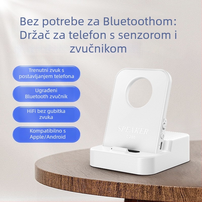Bluetooth prijenosni zvučnik s držačem za telefon, 3-u-1 stolni i prijenosni, 5W, Bluetooth 5.3, frekvencijski raspon 20 Hz–20 kHz, SNR ≥70 dB, ugrađena baterija