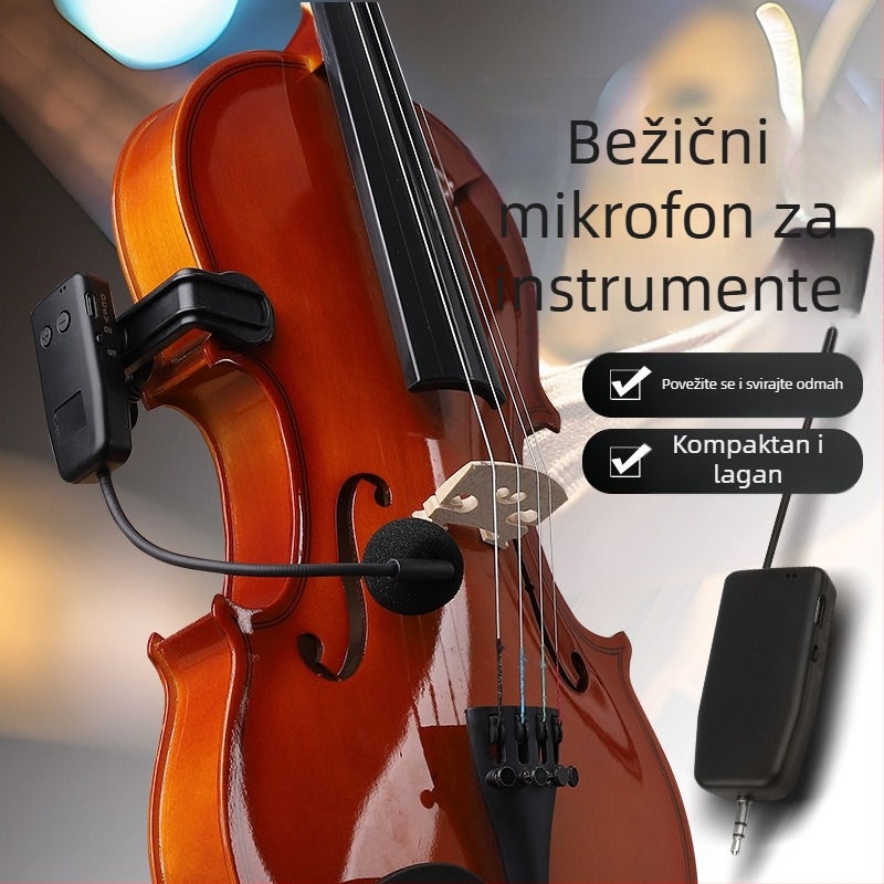 Mikrofon za violinu s ugrađenom baterijom, kapacitivni pretvarač, napajanje 5V, raspon 100 Hz-20 kHz, SNR >=70 dB