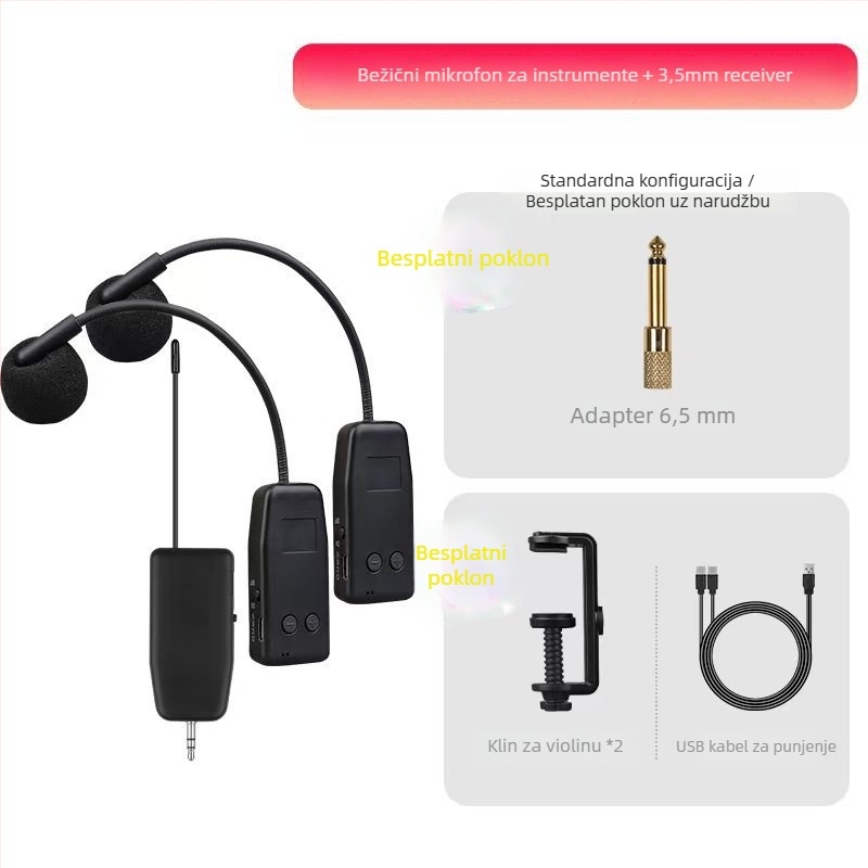 Mikrofon za violinu s ugrađenom baterijom, kapacitivni pretvarač, napajanje 5V, raspon 100 Hz-20 kHz, SNR >=70 dB