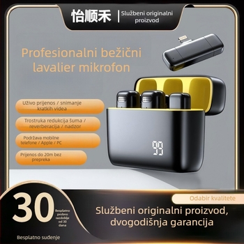 Bežični Lavalier mikrofon s kućištem za punjenje i LED prikazom, ugrađena baterija 300–500 mAh, radni vijek baterije 3–6 h, SNR ≥ 100 dB.