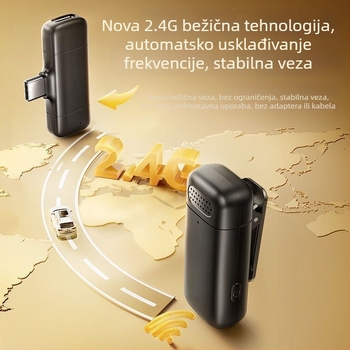 Bežični Lavalier mikrofon s kućištem za punjenje i LED prikazom, ugrađena baterija 300–500 mAh, radni vijek baterije 3–6 h, SNR ≥ 100 dB.