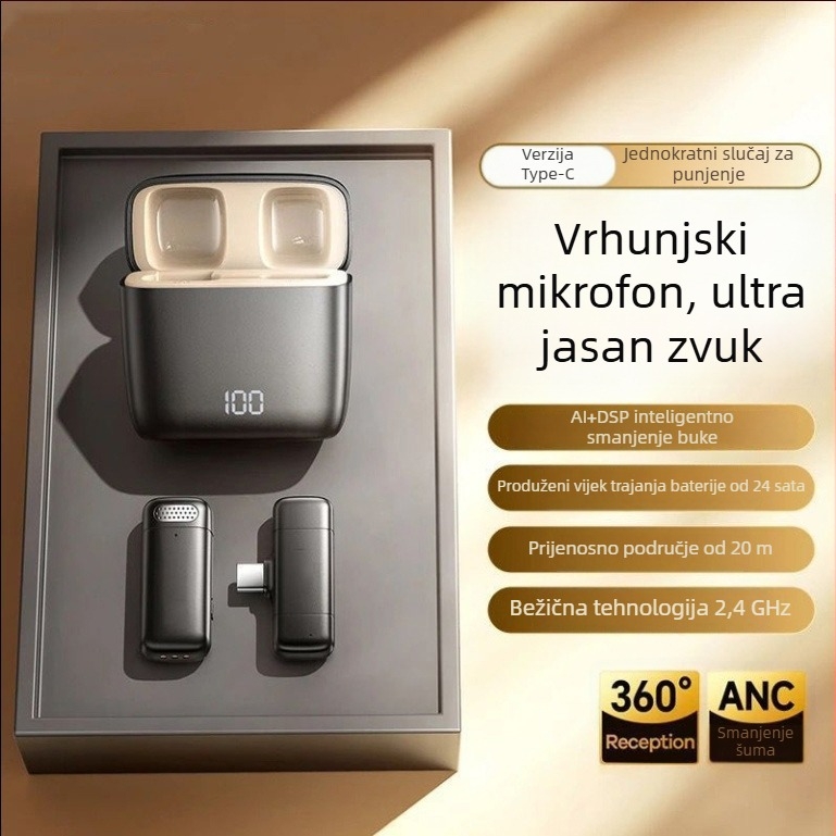 Bežični Lavalier mikrofon s kućištem za punjenje i LED prikazom, ugrađena baterija 300–500 mAh, radni vijek baterije 3–6 h, SNR ≥ 100 dB.