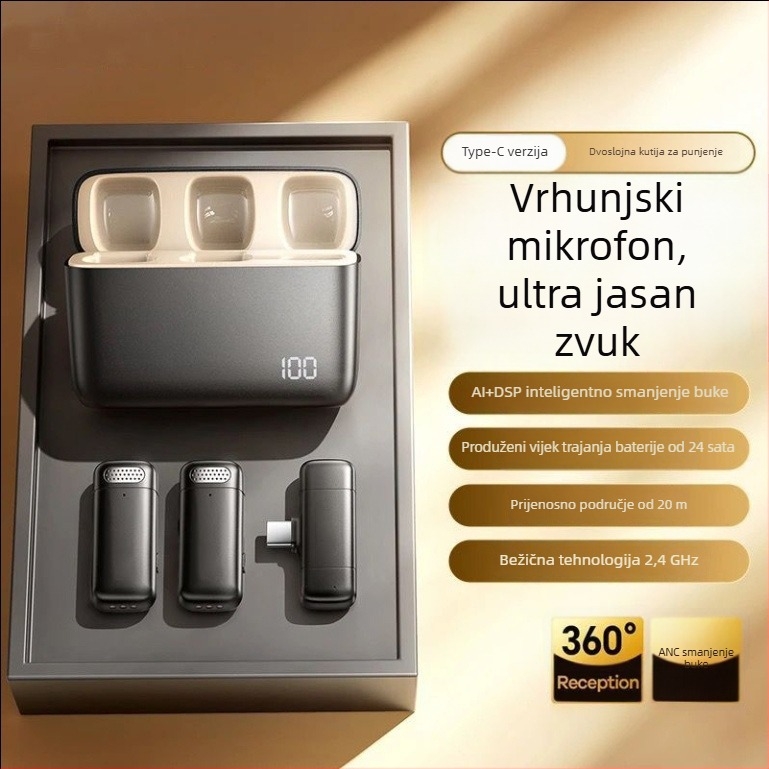 Bežični Lavalier mikrofon s kućištem za punjenje i LED prikazom, ugrađena baterija 300–500 mAh, radni vijek baterije 3–6 h, SNR ≥ 100 dB.