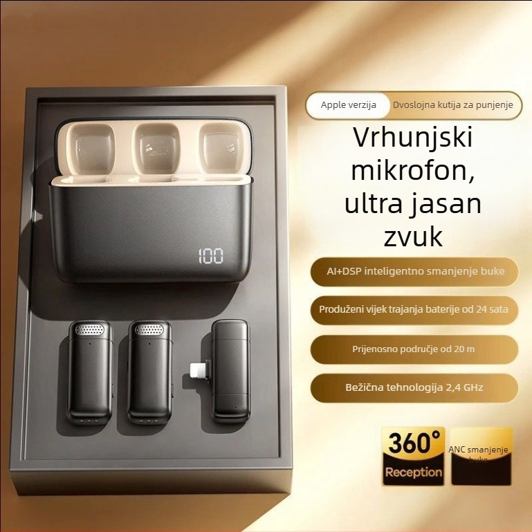 Bežični Lavalier mikrofon s kućištem za punjenje i LED prikazom, ugrađena baterija 300–500 mAh, radni vijek baterije 3–6 h, SNR ≥ 100 dB.