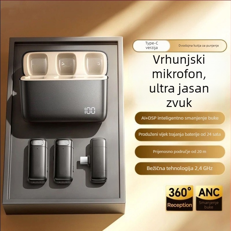 Bežični Lavalier mikrofon s kućištem za punjenje i LED prikazom, ugrađena baterija 300–500 mAh, radni vijek baterije 3–6 h, SNR ≥ 100 dB.