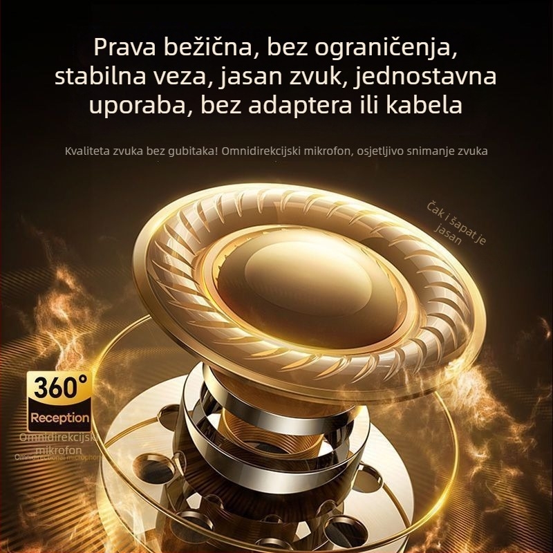 Bežični Lavalier mikrofon s kućištem za punjenje i LED prikazom, ugrađena baterija 300–500 mAh, radni vijek baterije 3–6 h, SNR ≥ 100 dB.