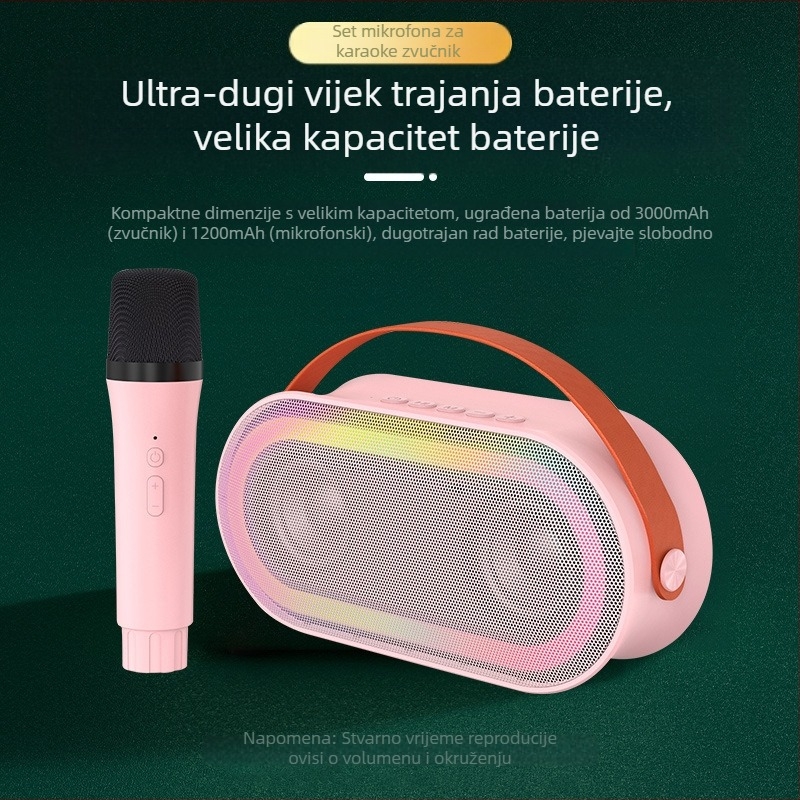 Prijenosni Bluetooth karaoke zvučnik s ugrađenim mikrofonom — Bluetooth 5.3, 10W, ugrađena baterija 2000-4000mAh, frekvencijski odziv 20Hz-20kHz, trajanje rada 3-6 h