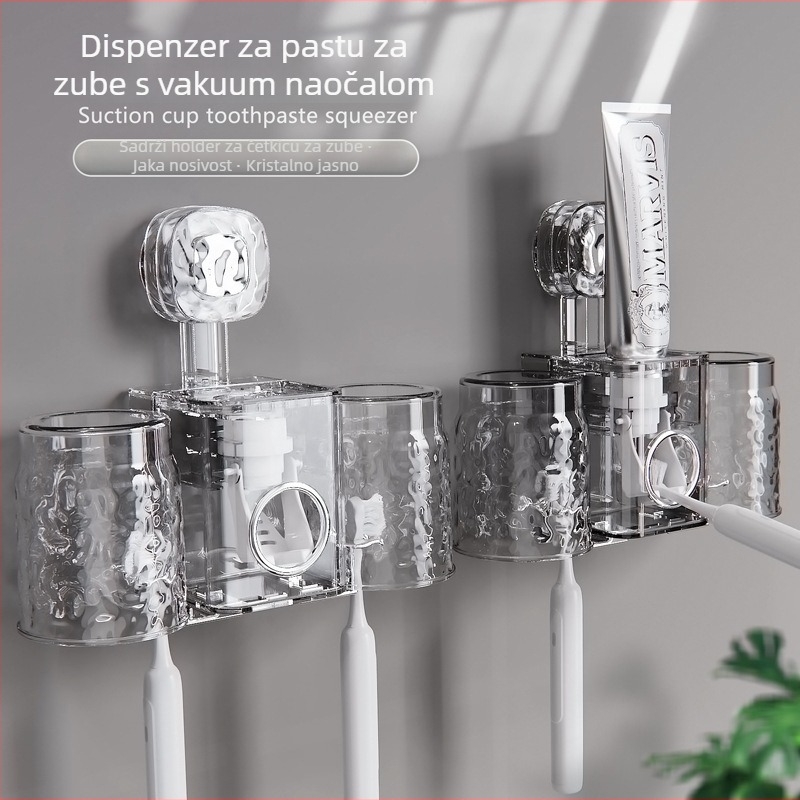 Držač četkica za zube s usisnim držačem za zid – PET materijal, bez bušenja, skladištenje paste i čaša