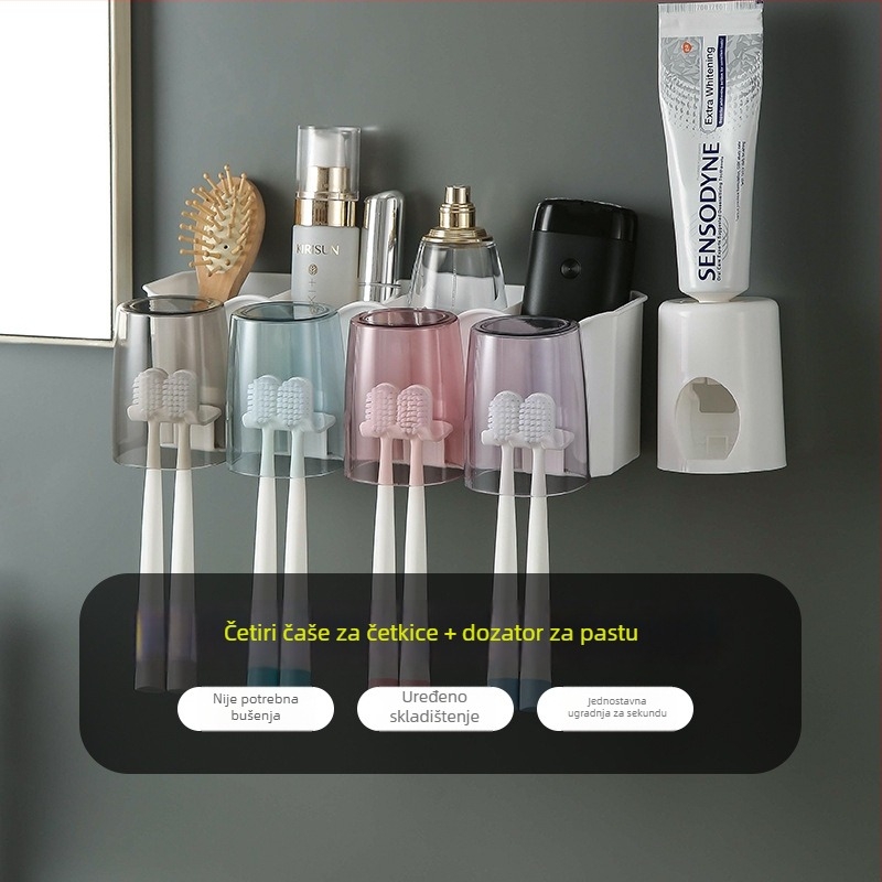 Držač četkice za zube s ugrađenim nosačem — PP+PS, bez bušenja, skladištenje i istiskivanje paste za zube, prilagodba dostupna