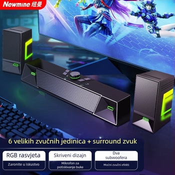 Newmine V6 stolni zvučnici za računalo, stereo zvuk, USB napajanje, 20W, frekvencijski raspon 100 Hz–20 kHz, SNR ≥75 dB