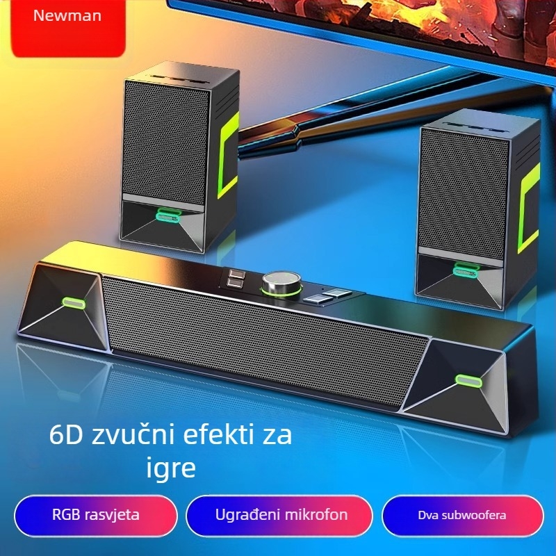 Newmine V6 stolni zvučnici za računalo, stereo zvuk, USB napajanje, 20W, frekvencijski raspon 100 Hz–20 kHz, SNR ≥75 dB