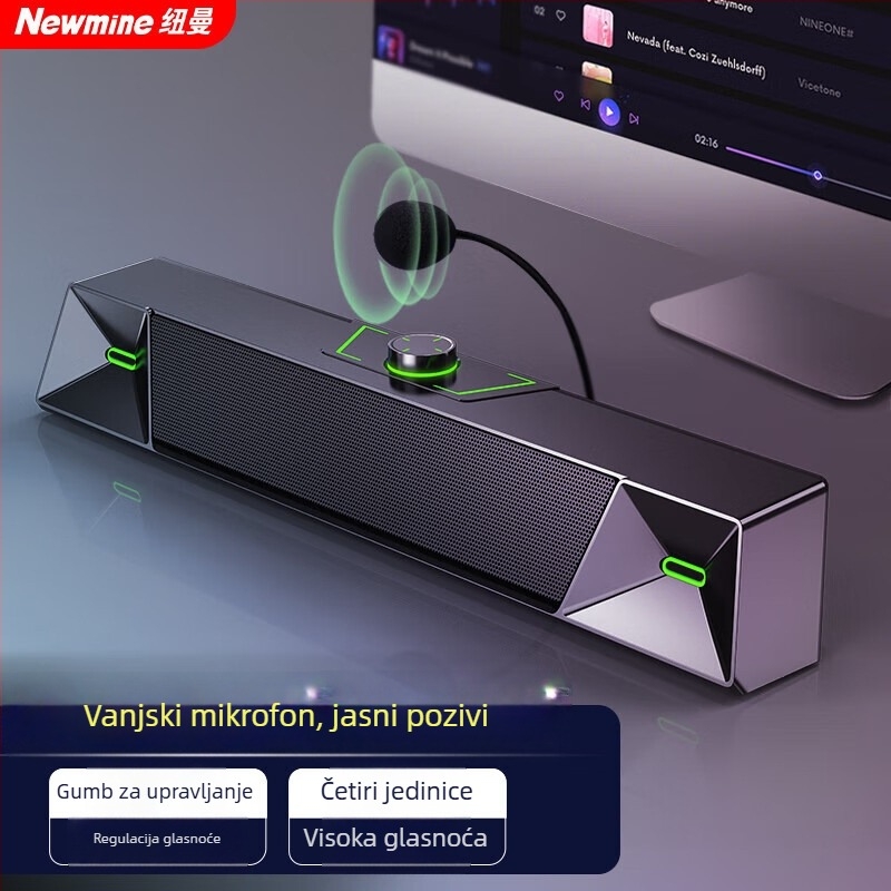 Newmine V6 stolni zvučnici za računalo, stereo zvuk, USB napajanje, 20W, frekvencijski raspon 100 Hz–20 kHz, SNR ≥75 dB