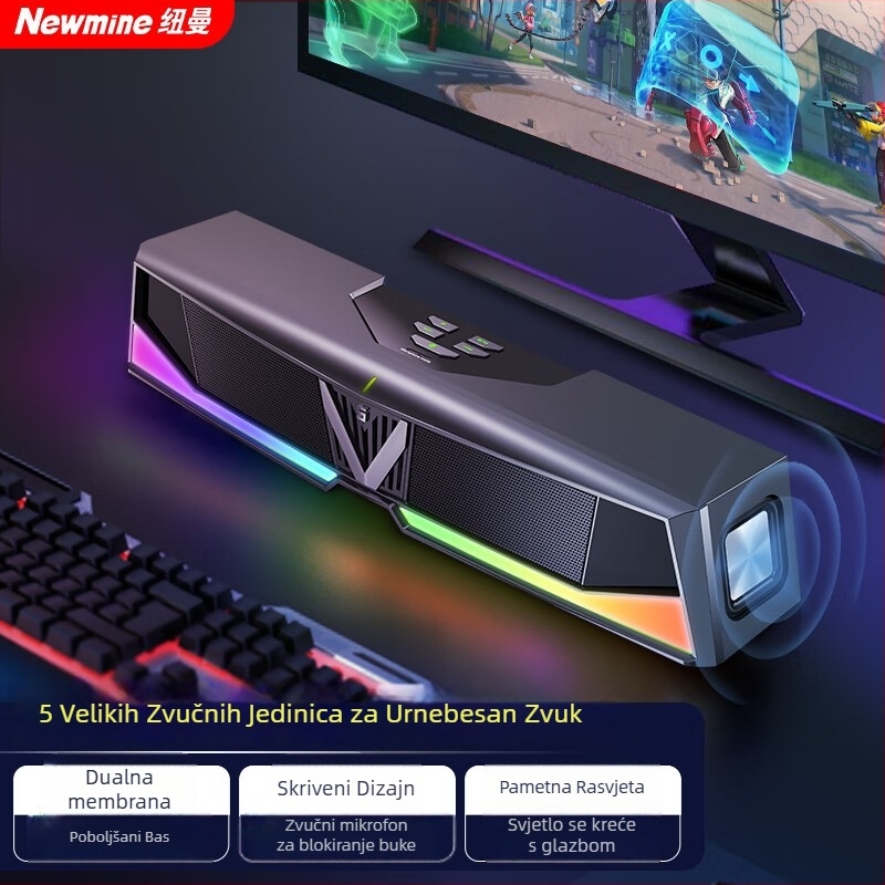 Newmine V6 stolni zvučnici za računalo, stereo zvuk, USB napajanje, 20W, frekvencijski raspon 100 Hz–20 kHz, SNR ≥75 dB