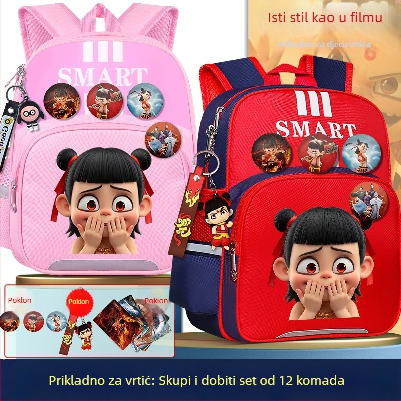 Nezha dječji ruksak za školu, unisex, za 1–2. razred, poliester, dječji crtani stil, anime uzorak