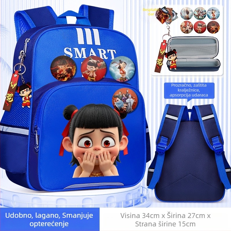 Nezha dječji ruksak za školu, unisex, za 1–2. razred, poliester, dječji crtani stil, anime uzorak