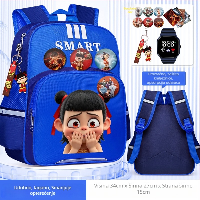 Nezha dječji ruksak za školu, unisex, za 1–2. razred, poliester, dječji crtani stil, anime uzorak