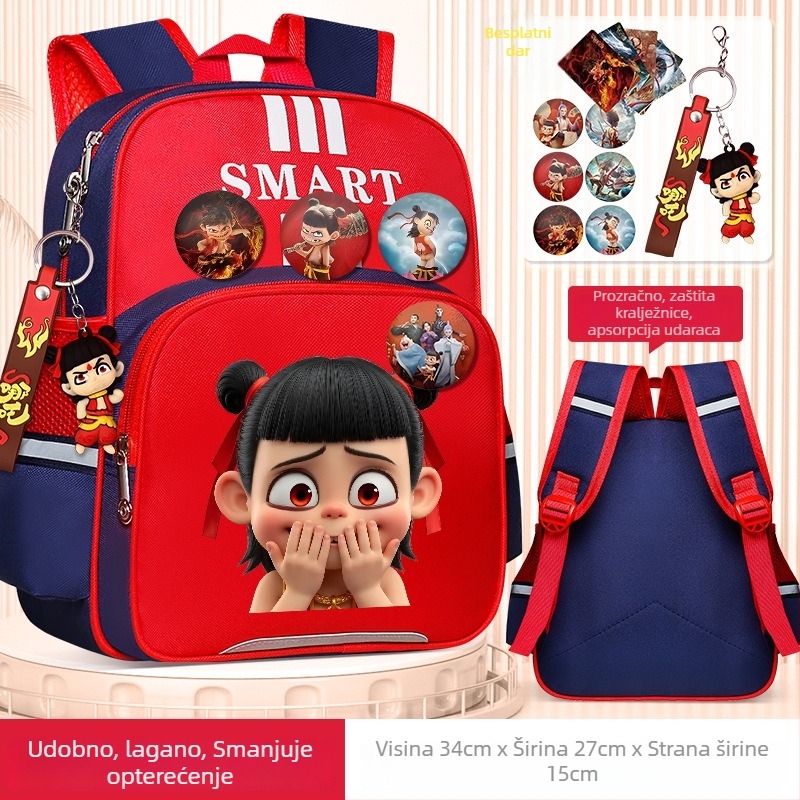 Nezha dječji ruksak za školu, unisex, za 1–2. razred, poliester, dječji crtani stil, anime uzorak