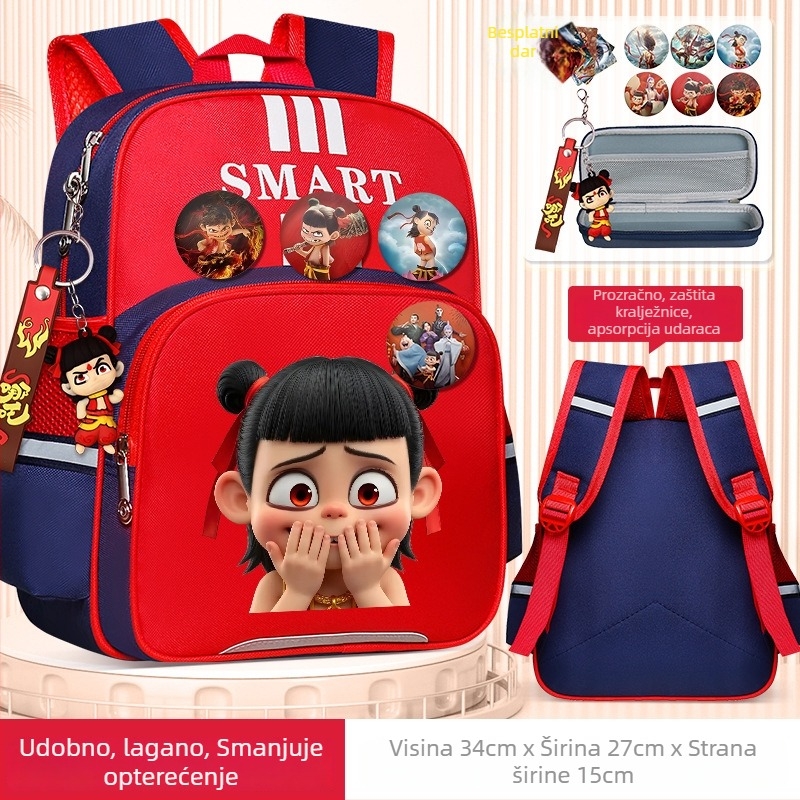 Nezha dječji ruksak za školu, unisex, za 1–2. razred, poliester, dječji crtani stil, anime uzorak