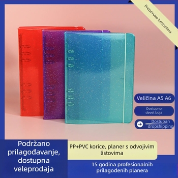 A5 prozirna glitter PVC korica za bilježnicu s odvojivim dodacima, PP držač s 6 rupa