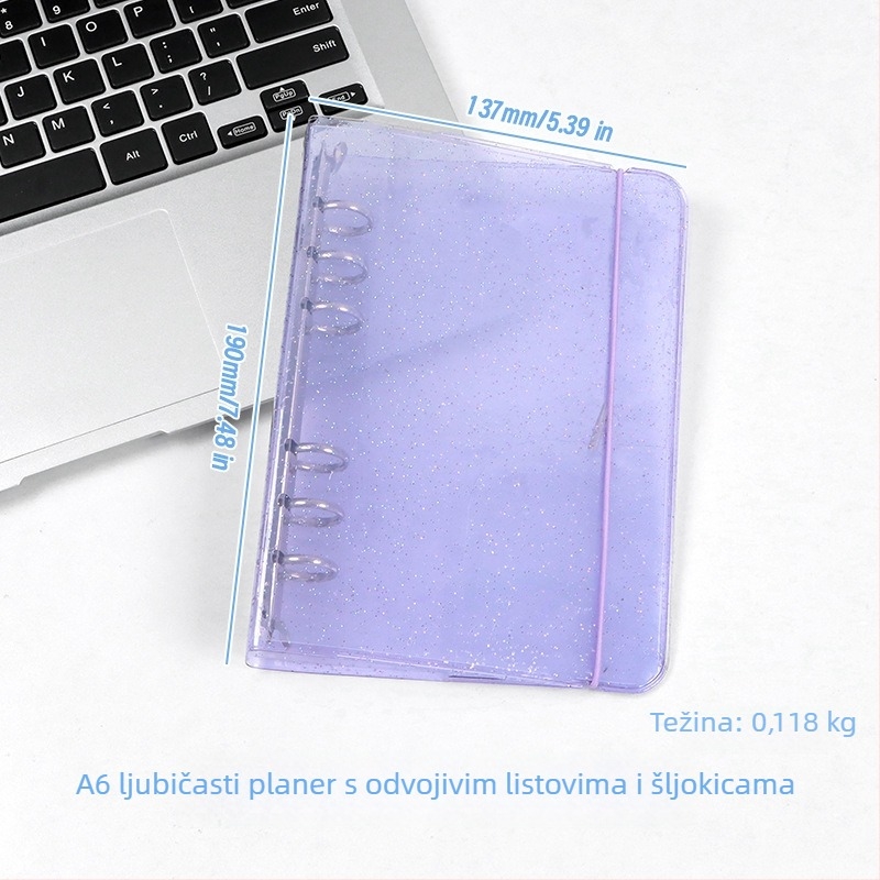 A5 prozirna glitter PVC korica za bilježnicu s odvojivim dodacima, PP držač s 6 rupa