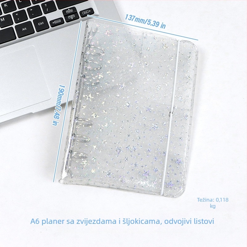 A5 prozirna glitter PVC korica za bilježnicu s odvojivim dodacima, PP držač s 6 rupa