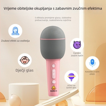 Bežični mikrofon s ugrađenim zvučnikom za kućni karaoke, Bluetooth 5.0; ugrađena baterija 800–1000 mAh; trajanje baterije 6–8 h; frekvencijski odziv 20 Hz–20 kHz; SNR ≥85 dB