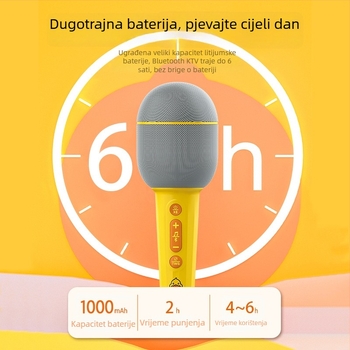 Bežični mikrofon s ugrađenim zvučnikom za kućni karaoke, Bluetooth 5.0; ugrađena baterija 800–1000 mAh; trajanje baterije 6–8 h; frekvencijski odziv 20 Hz–20 kHz; SNR ≥85 dB