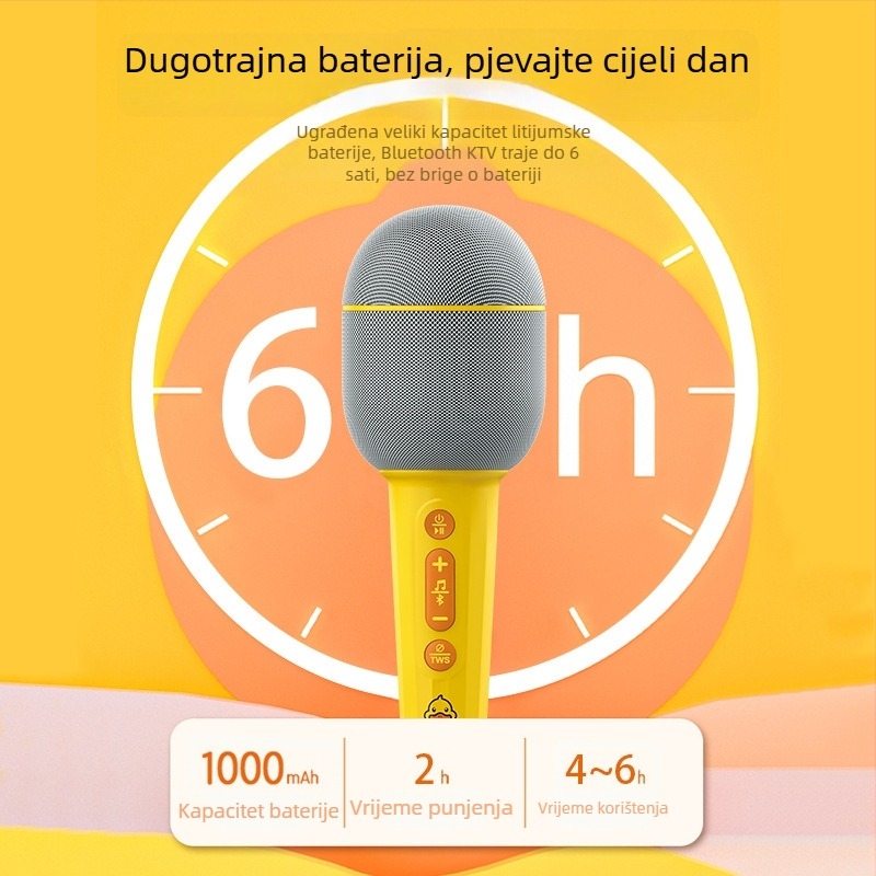 Bežični mikrofon s ugrađenim zvučnikom za kućni karaoke, Bluetooth 5.0; ugrađena baterija 800–1000 mAh; trajanje baterije 6–8 h; frekvencijski odziv 20 Hz–20 kHz; SNR ≥85 dB