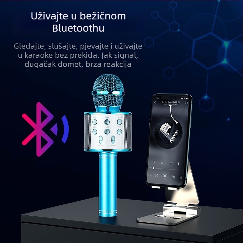 WS-858 Bežični karaoke mikrofon s ugrađenim zvučnikom, kondenzatorski mikrofon, Bluetooth 5.3, baterija 1000-1200mAh, trajanje 3-6h, 100Hz-20kHz, SNR ≥75dB