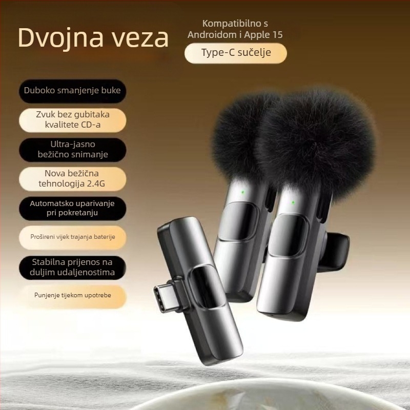 Lavalier mikrofon za live prijenos i snimanje videa – bežični, s ugrađenom baterijom, redukcija šuma (Kapacitet baterije ≤50 mAh; SNR ≥70 dB; trajanje baterije 3–6 h; Nazivna snaga 50)