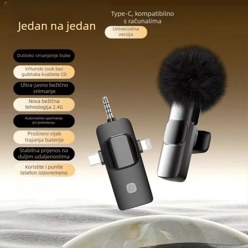Lavalier mikrofon za live prijenos i snimanje videa – bežični, s ugrađenom baterijom, redukcija šuma (Kapacitet baterije ≤50 mAh; SNR ≥70 dB; trajanje baterije 3–6 h; Nazivna snaga 50)