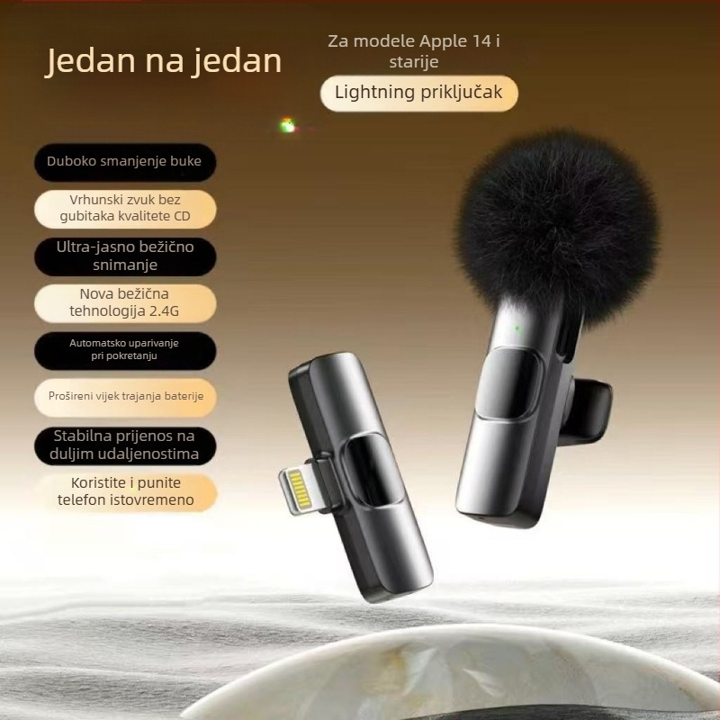 Lavalier mikrofon za live prijenos i snimanje videa – bežični, s ugrađenom baterijom, redukcija šuma (Kapacitet baterije ≤50 mAh; SNR ≥70 dB; trajanje baterije 3–6 h; Nazivna snaga 50)