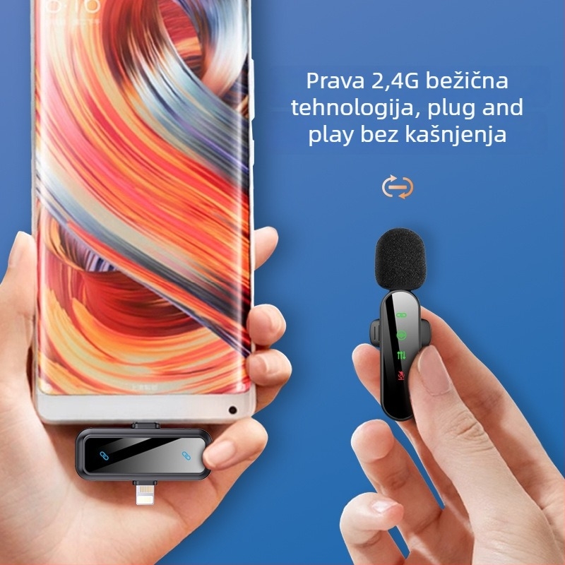 Bežični lavalier mikrofon za mobilno emitiranje uživo, omnidirekcionalan, Bluetooth 5.3, 20 Hz–20 kHz, trajanje baterije 3–6 sati