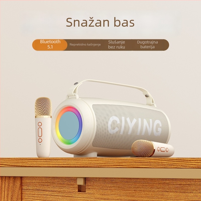 Bežični karaoke mikrofon s ugrađenim mini zvučnikom — Bluetooth 5.0, 2 zvučnika, 10W, frekvencijski raspon 100 Hz-20 kHz, omjer signala i šuma ≥85 dB